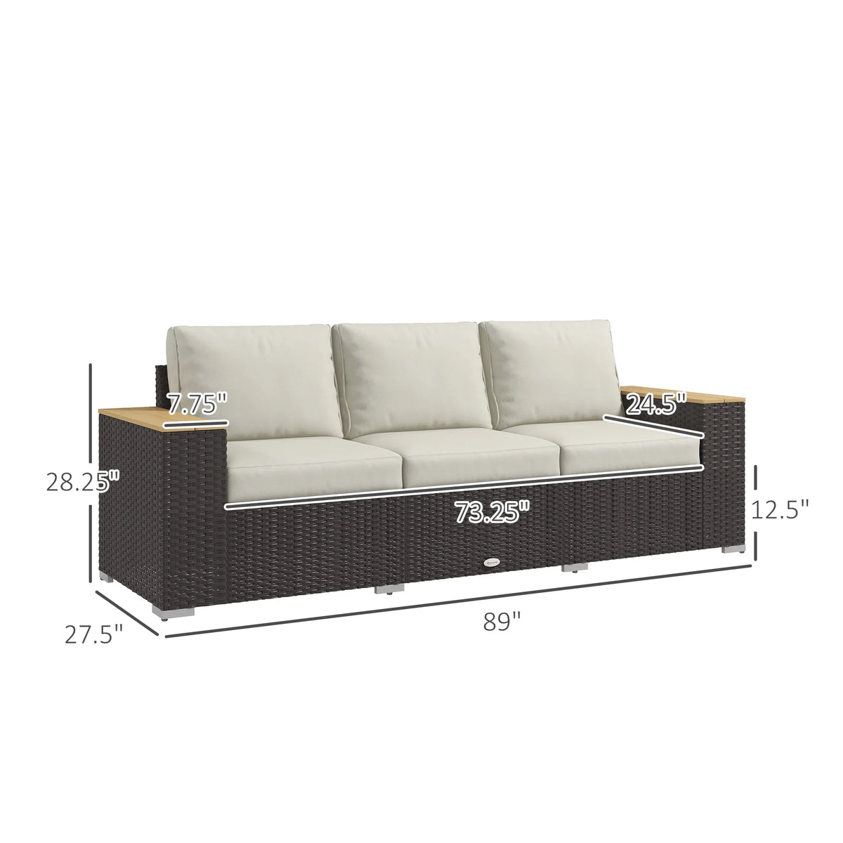 Outsunny Thick Cushioned 3-Seater Outdoor Sofa, Wood Grain Wide Armrests, Patio Couch, Beige