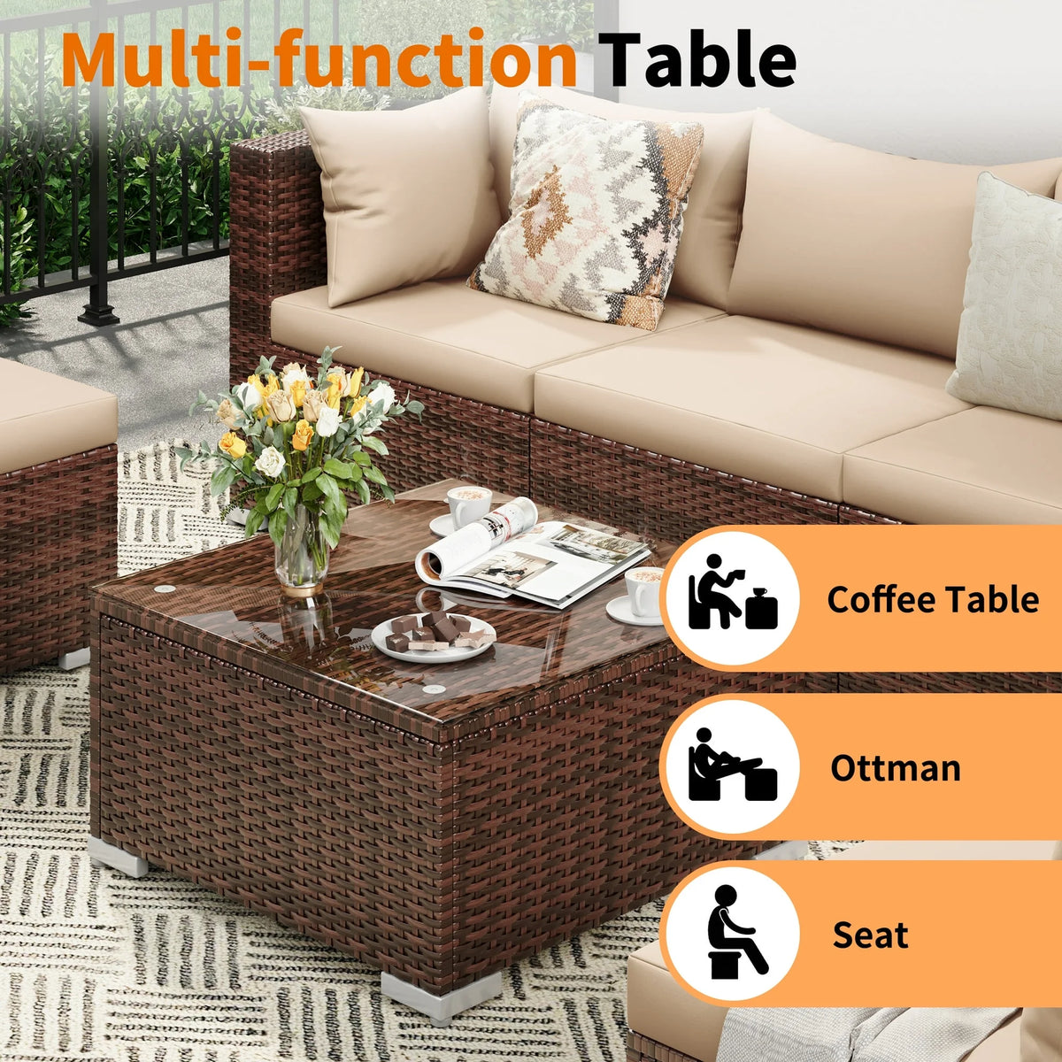 Techmilly Patio Furniture Sets, Modular Rattan Outdoor Patio Sectional Furniture Sofa Set, Wicker Patio Conversation Set for Backyard,7PCS