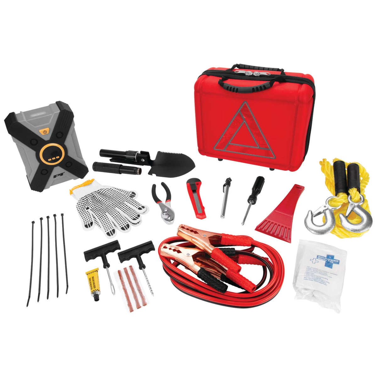 Performance Tool E00014 44 pc. Premium Roadside Assistance Kit, Featuring Vortex 12V Digital Tire Inflator, Booster Cables, Tow Rope, Shovel, First Aid Kit, Safety Triangles, Tool Kit and Case