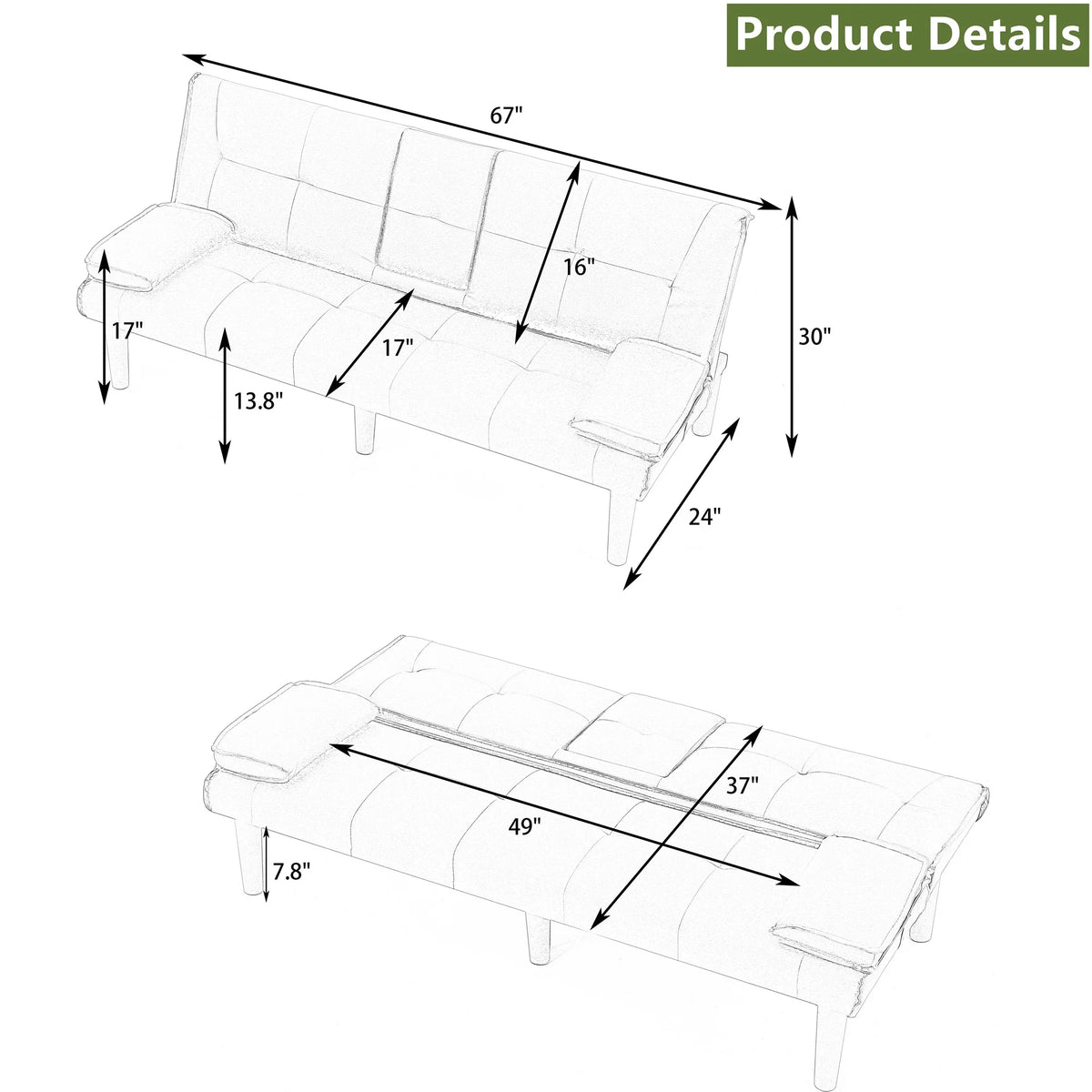 Aukfa Faux Leather Futon Convertible Sofa Bed for Home Office Twin Size, Black&White