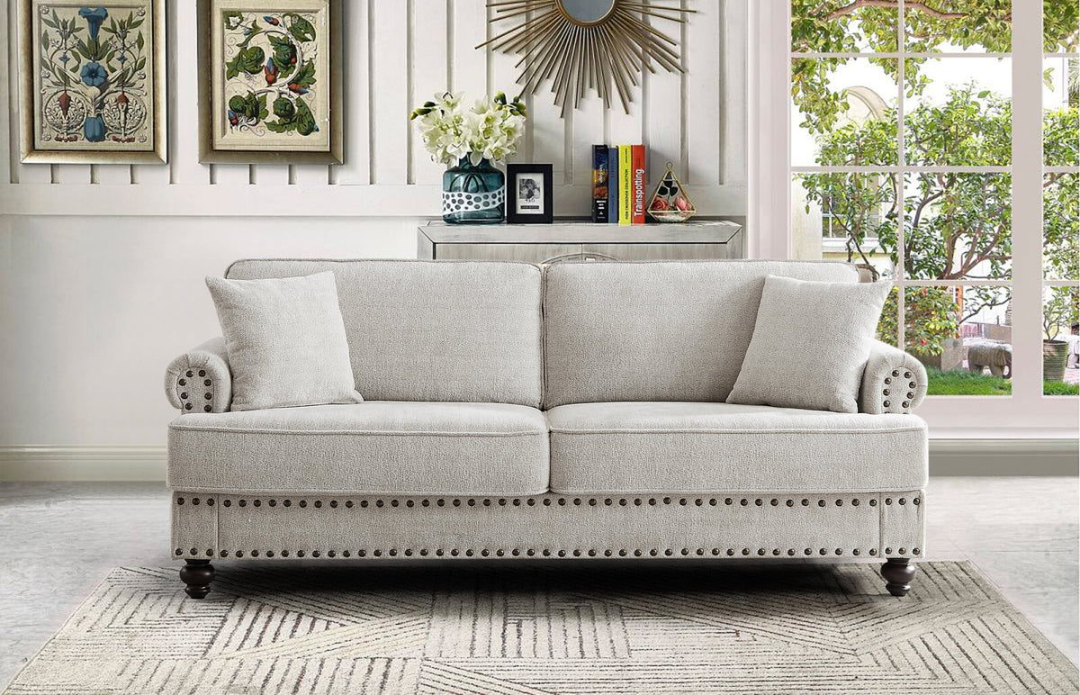 Modern Chenille Upholstered Sofa Couch with Nailhead Trim Rolled Arms Pillows