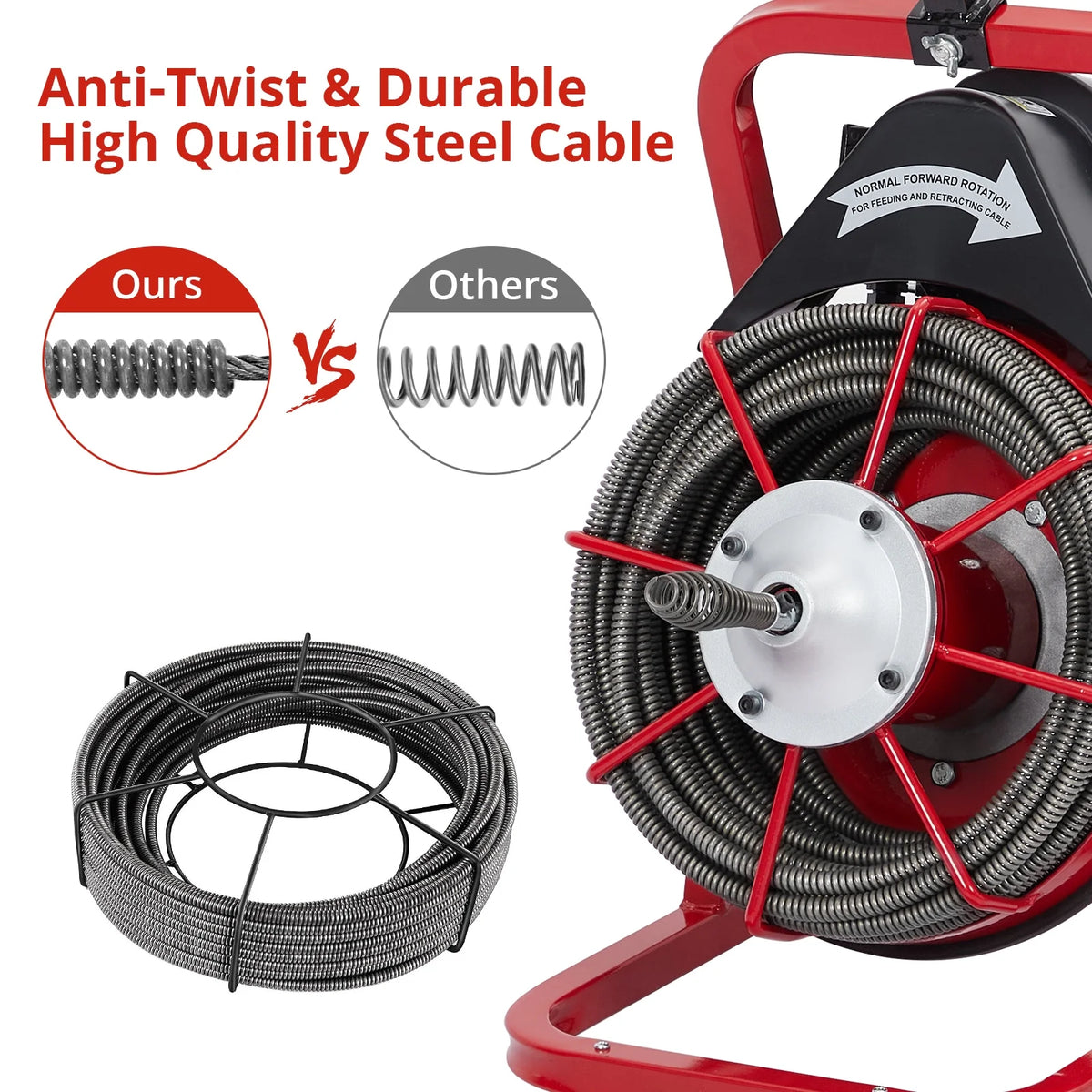 Roromall Drain Cleaner Machine 50FT/75FT/100FT x 3/8-inch/1/2-inch Sewer Auger Electric Drain Auger Sewer Snake with 4 Cutter, Air-Activated Foot Switch, Gloves