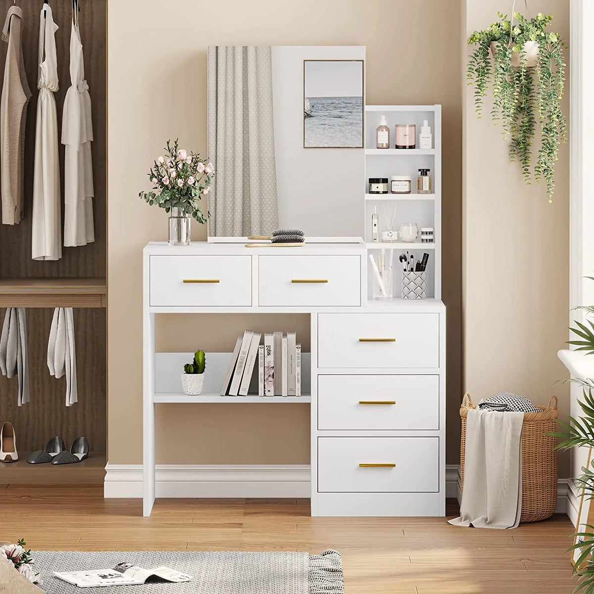 Makeup Vanity Table with Sliding Mirror,Vanity Desk with Hidden Storage Shelves and 5 Drawers,Modern Vanity Table with Mirror for Bedroom,White