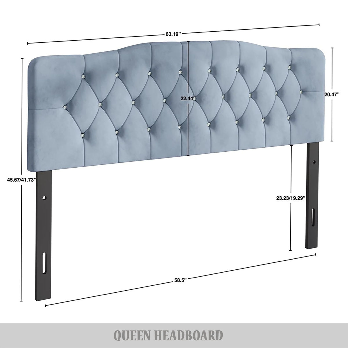 Castle Place Upholstered Tufted Headboard, Light Blue Velvet, Queen