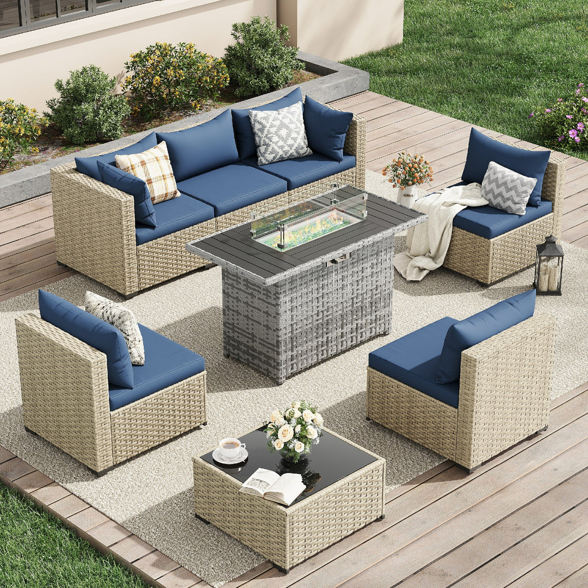 UDPATIO 7 Pieces Outdoor Patio Furniture Set, Outdoor Wicker Patio Conversation Set with Cushions for Backyard, Porch, Garden(Haze Blue)