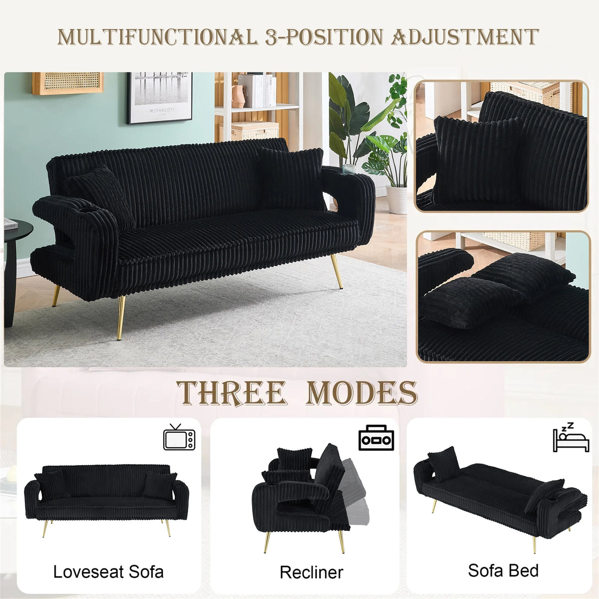 Aukfa Corduroy Futon Convertible Sofa Bed, Beige