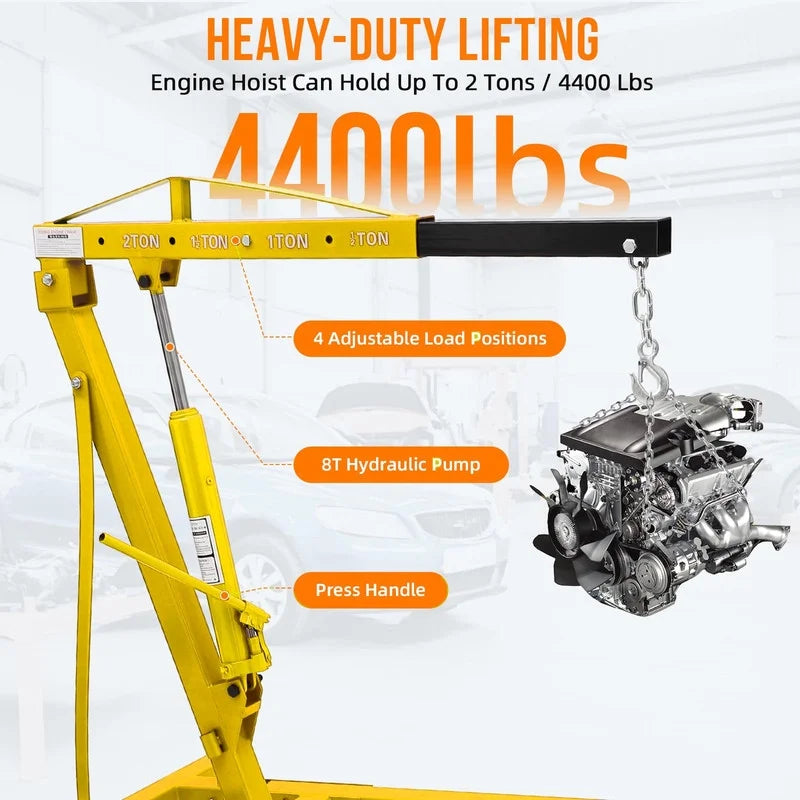 Towallmark 2 Ton Hydraulic Engine Hoist, Shop Crane, Cherry Picker with Telescoping Boom and 6 Casters for Garage Workshop Automotive Repair, Yellow