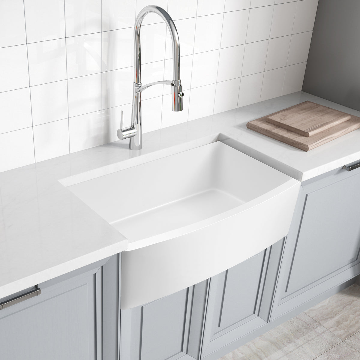 ANZZI Mesa Farmhouse Solid Surface 33 in. Kitchen Sink with Strainer in Matte White