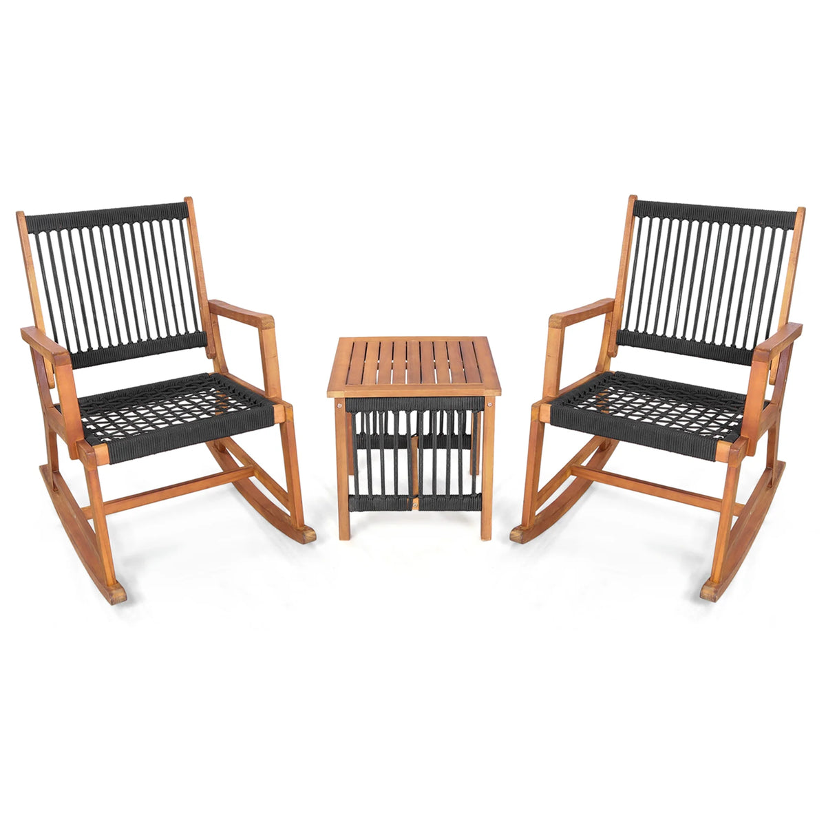 Costway 3pcs Patio Acacia Wood Bistro Table Rocking Chair Set All-Weather Rope Outdoor