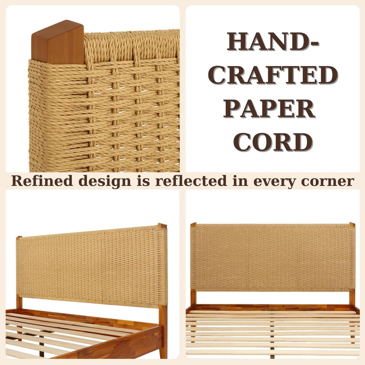 Selina Wood Platform Bed Frame - Handcrafted Paper Cord Unique Headboard - No Box Spring Needed - 12 Strong Wood Slats Support - Easy Assembly - King, Caramel