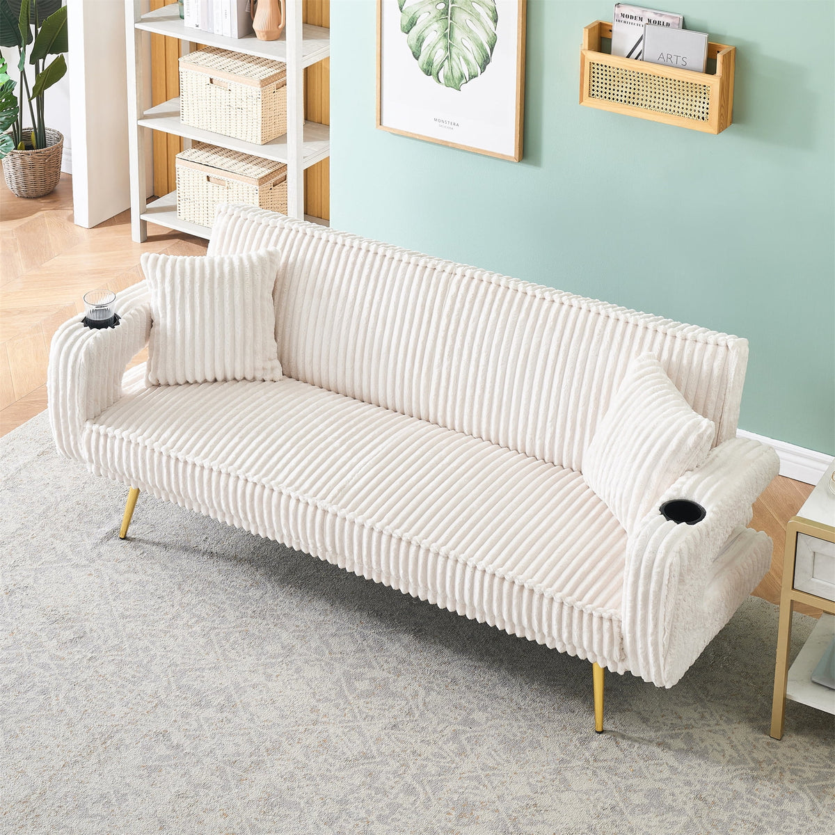 Aukfa Corduroy Futon Convertible Sofa Bed, Beige