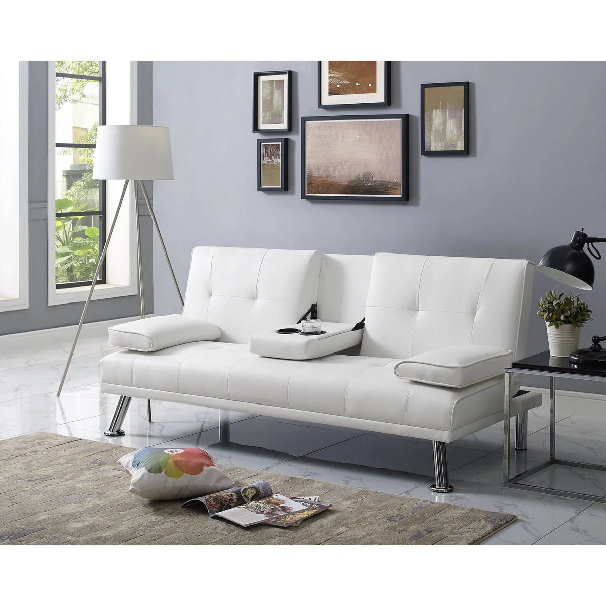 Futon Sofa with Armrest and Cupholders by Naomi Home-Color:White
