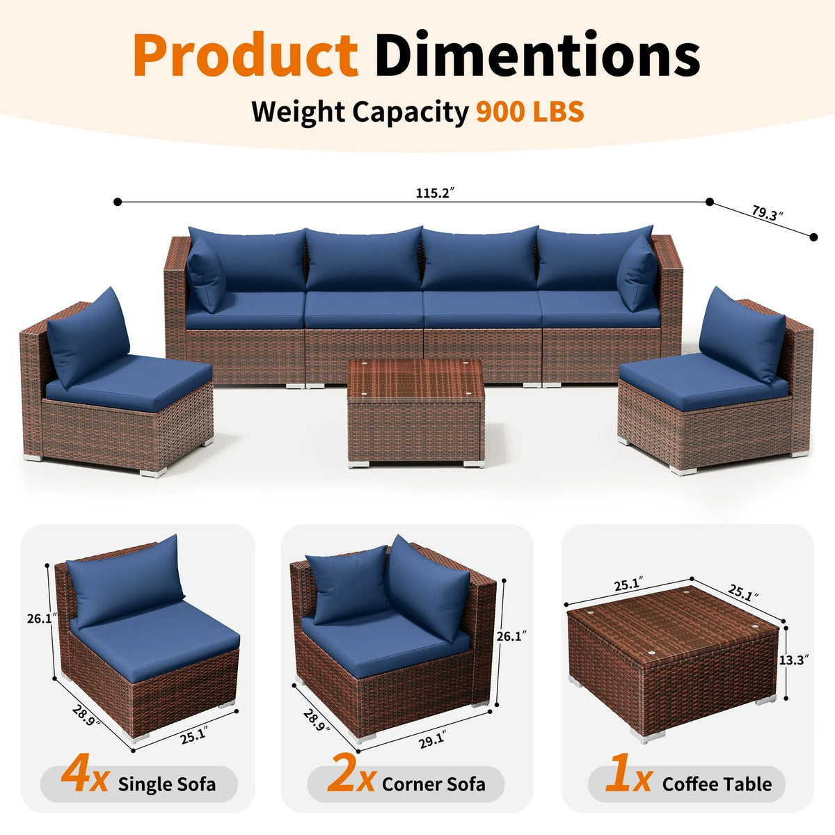 Techmilly Patio Furniture Sets, Modular Rattan Outdoor Patio Sectional Furniture Sofa Set, Wicker Patio Conversation Set for Backyard,7PCS
