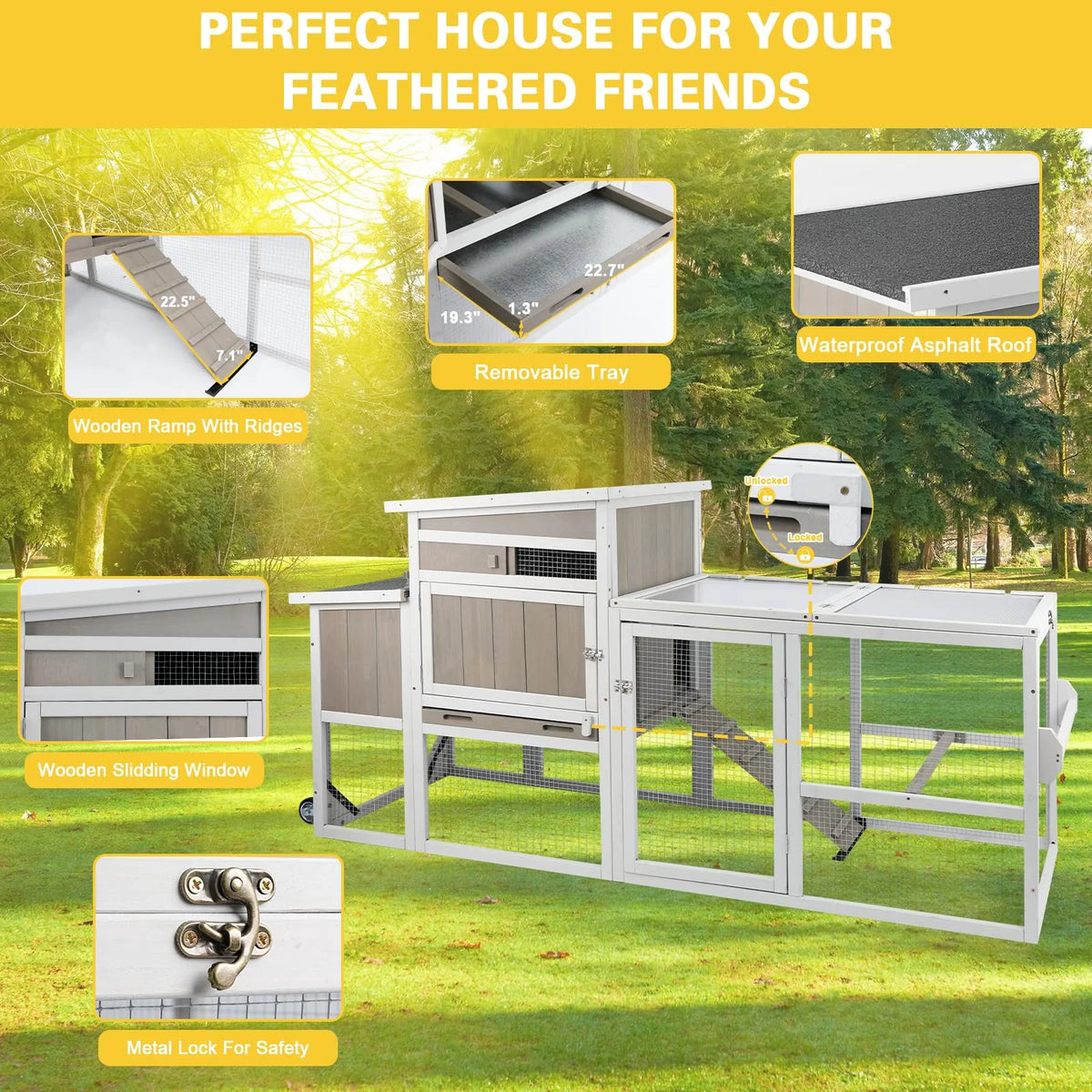 Gowoodhut Chicken Coop Mobile Wooden Hen House with Nesting Box,75" L Outdoor Chicken House with Wheels and Removable Tray,Fir Wood Chicken Tractor with 4 Ventilation Door and Ramp,Grey