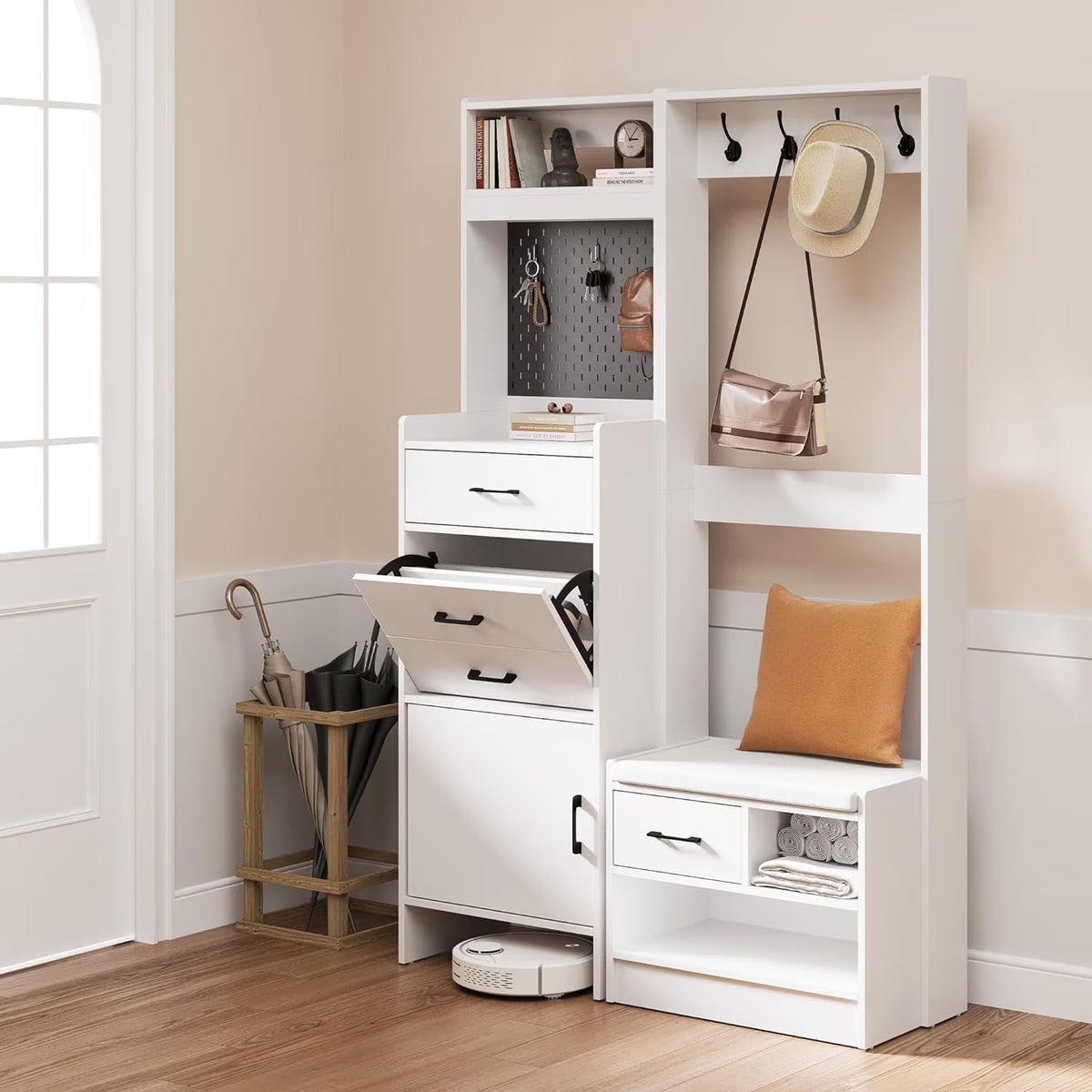 Royalcraft 5-in-1 Shoe Cabinet with Flip Drawer, Entryway Shoe Storage with Pegboard, Adjustable Shelf, Wood Entryway Cabinet, Brown