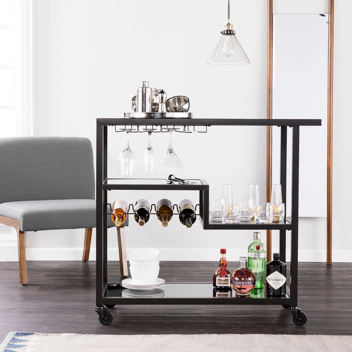 Holly & Martin Zephs indoor Bar Cart - Gunmetal Gray with Black Glass 40 x 37.5