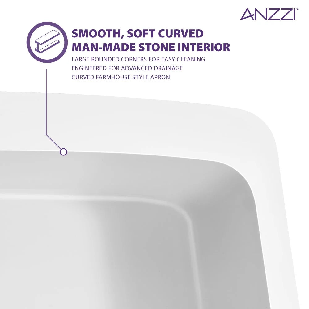 ANZZI Mesa Farmhouse Solid Surface 33 in. Kitchen Sink with Strainer in Matte White