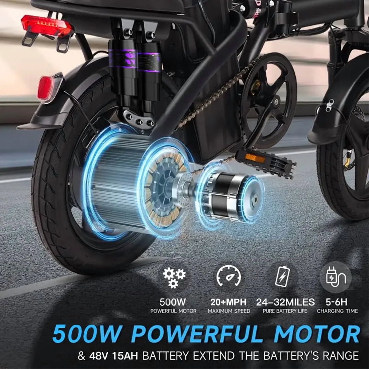 Folding Electric Bike for Adults,500W 20MPH 32Miles Long Range,48V 15AH Removable Battery,14" Small City Commuting E-bike with Full Suspension, LCD Display