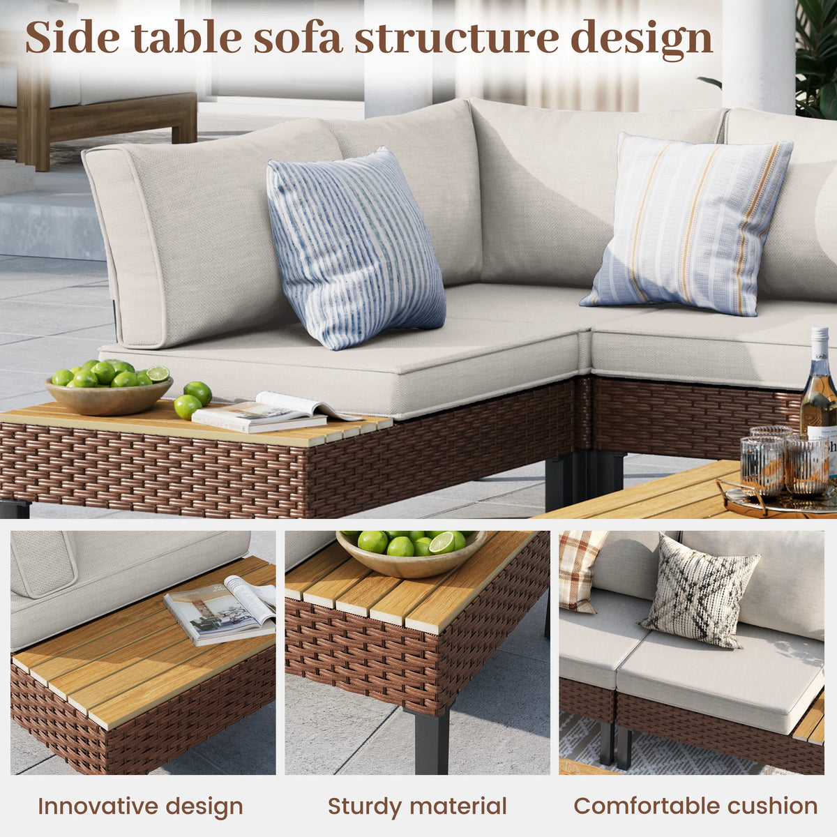 MRUAKA L Shaped Conversation Sectional Sofa Set with Coffee Table, 5 Pieces Patio Furniture Seating Group with Side Table for Backyard Garden, Beige Grey