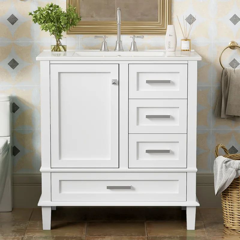 Bellemave 30" Bathroom Vanity with Sink, Cabinet with Sink Combo Set with Top, Bathroom Storage Cabinet with 3 Drawers and 1 Soft Closing Door, 30 Inch Vanity with Sink for Bathroom（White）