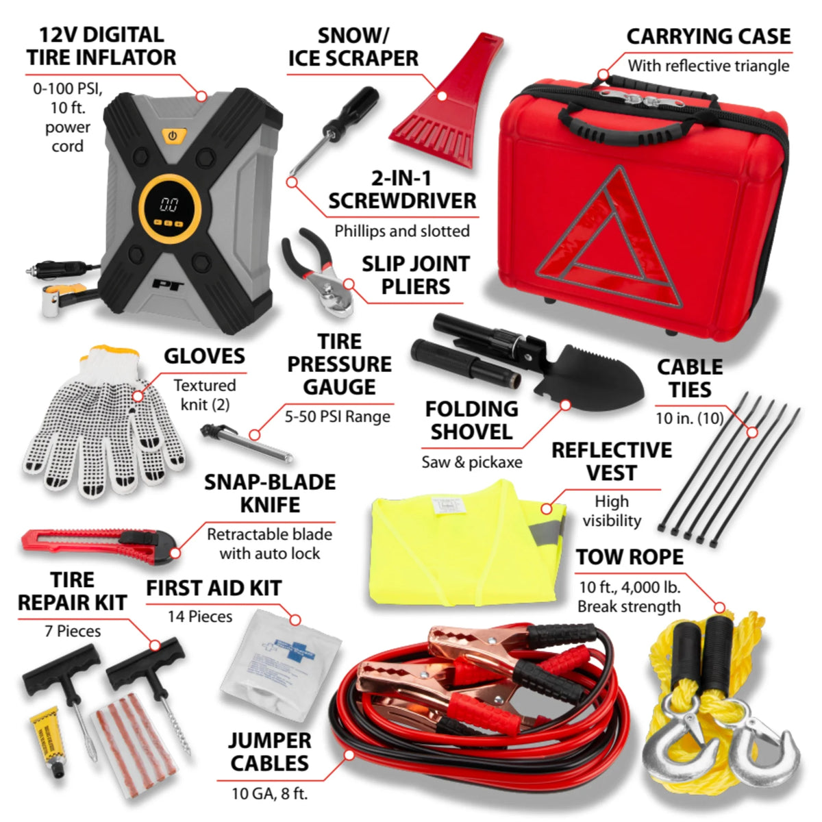 Performance Tool E00014 44 pc. Premium Roadside Assistance Kit, Featuring Vortex 12V Digital Tire Inflator, Booster Cables, Tow Rope, Shovel, First Aid Kit, Safety Triangles, Tool Kit and Case