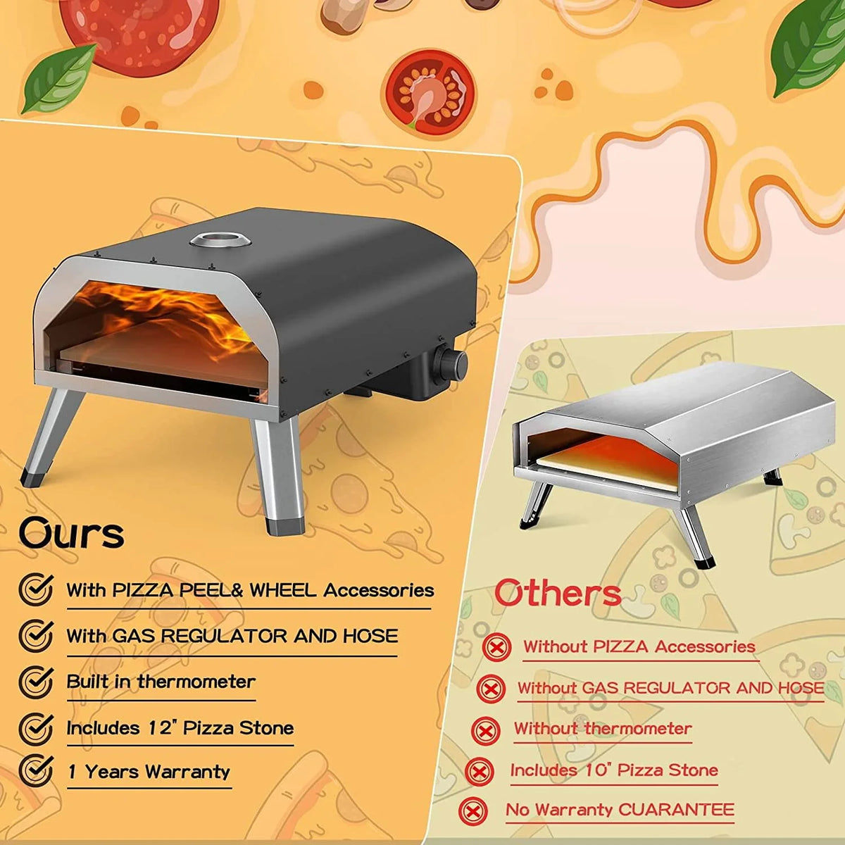 ASA Gas Pizza Oven, 12 Gas Pizza Oven with Pizza Stone, Stainless Steel Pizza Maker for Outdoor Cooking