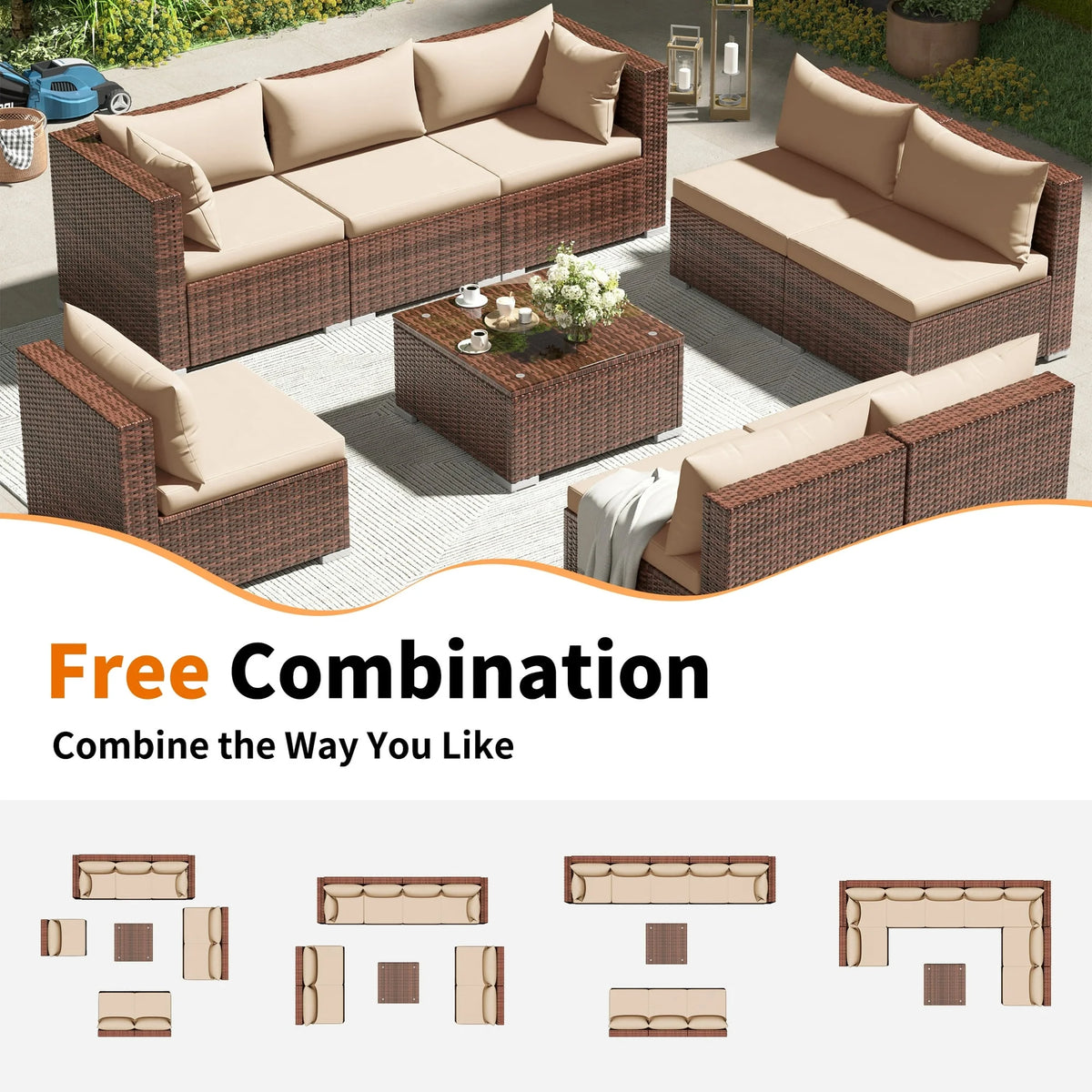 Techmilly Patio Furniture Sets, Modular Rattan Outdoor Patio Sectional Furniture Sofa Set, Wicker Patio Conversation Set for Backyard,7PCS