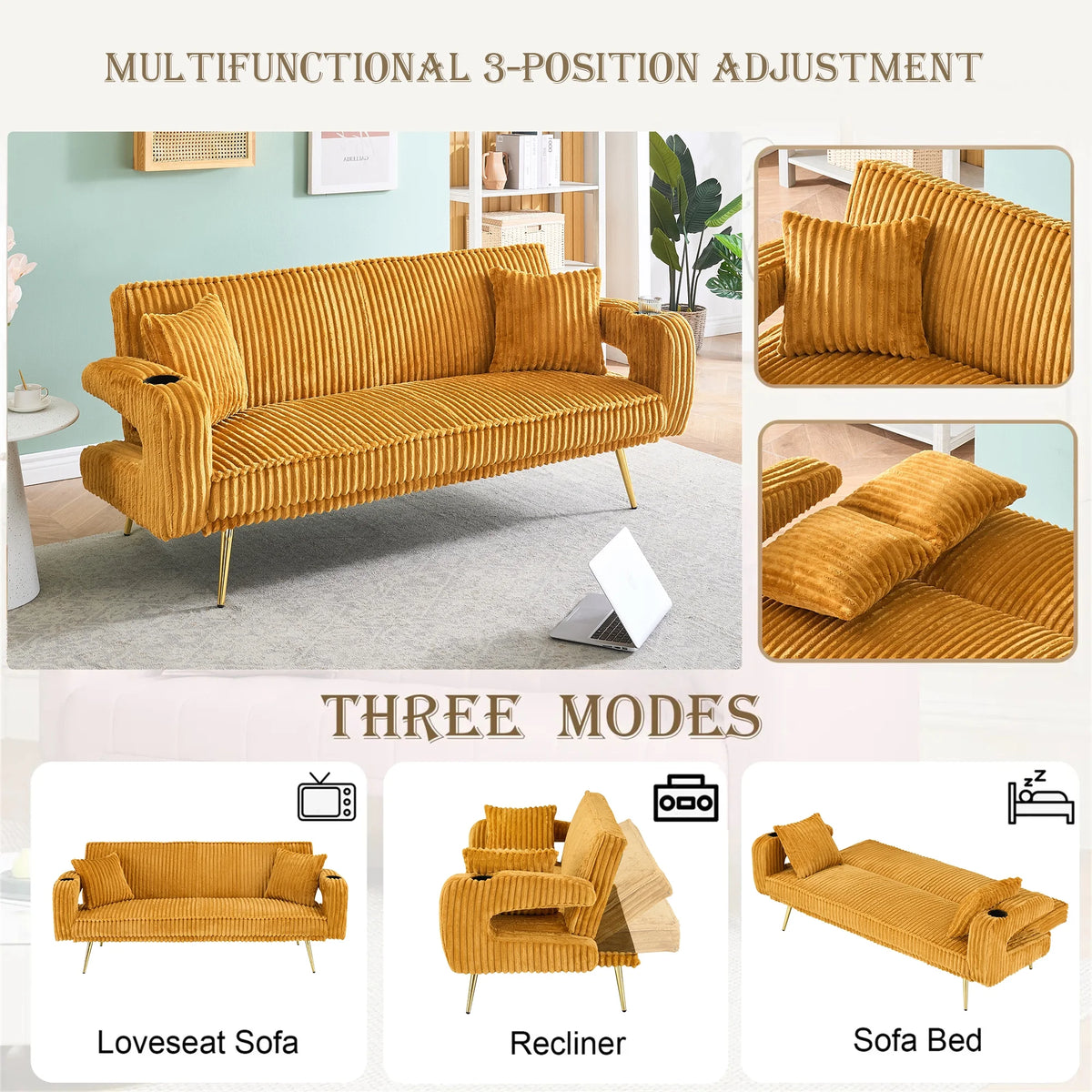 Aukfa Corduroy Futon Convertible Sofa Bed, Beige