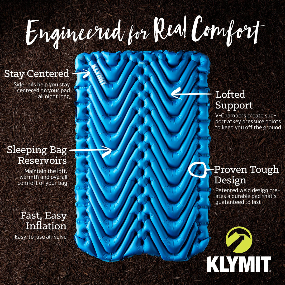 Klymit Double V Sleeping Pad, Extra Wide 2-Person 3-Season Camping Air Matress  with Pump Sack, Blue