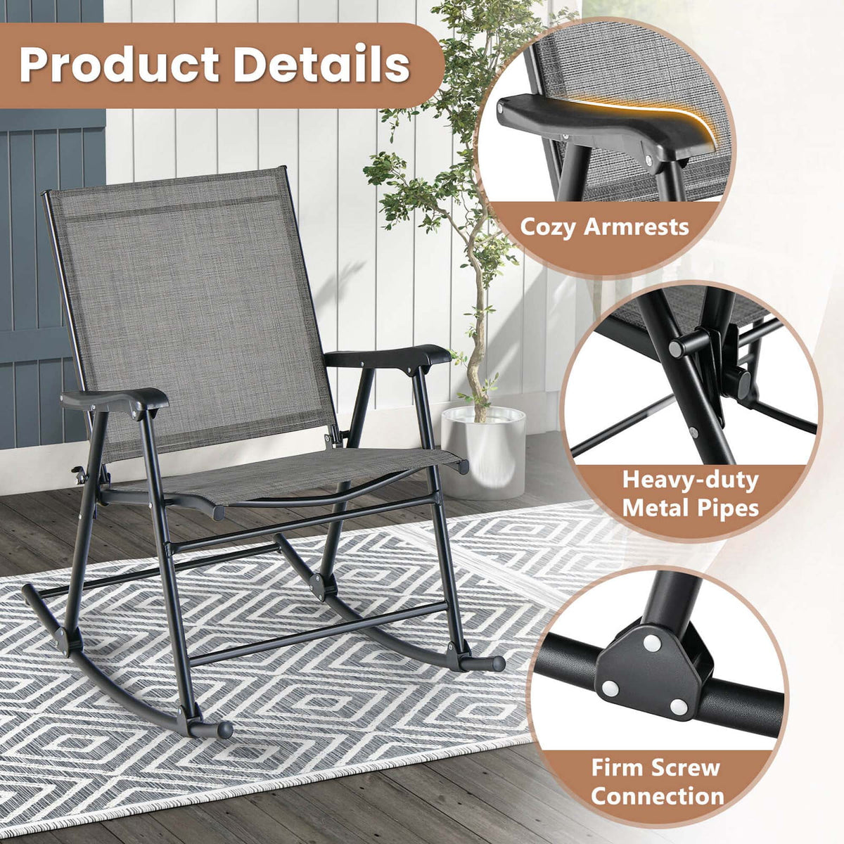 Costway 2pcs Patio Folding Rocking Chair Heavy-Duty Metal Frame Rockers Outdoor Brown