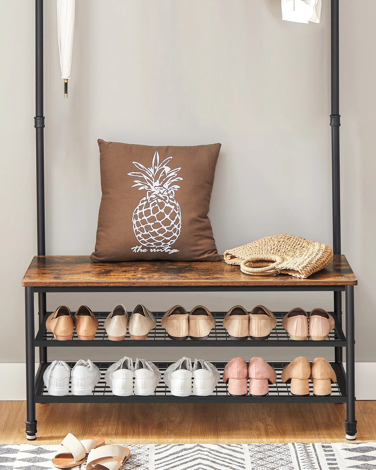 40"Entryway Coat Rack and Storage Bench Multifunctional 4-in-1  Hall Tree with 9 Hooks Sturdy Steel Frame