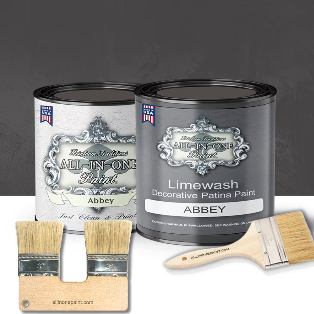 ALL-IN-ONE Limewash Paint, 2 Quart Paint Bundle and Tool Kit - Faux Lime Wash Effect, Matte Suede Wall Treatment - Haven (heathered, muted blue)