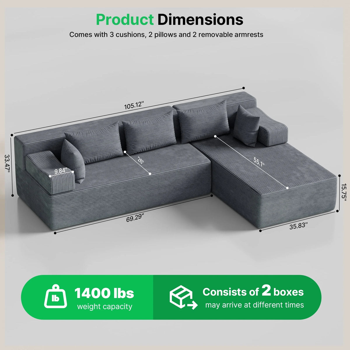 Behost 105" Modular Sectional Sofa for Living Room, Boneless L Shaped Cloud Couch with Chaise, Gray