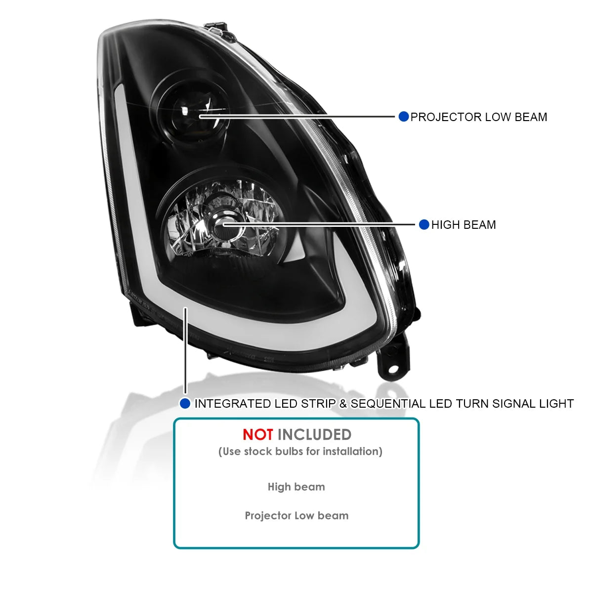 Spec-D Tuning Smoke Projector Headlights w/ Sequential LED Strip Compatible with 2003-2007 Infiniti G35 Coupe, Left + Right Pair Headlamps Assembly
