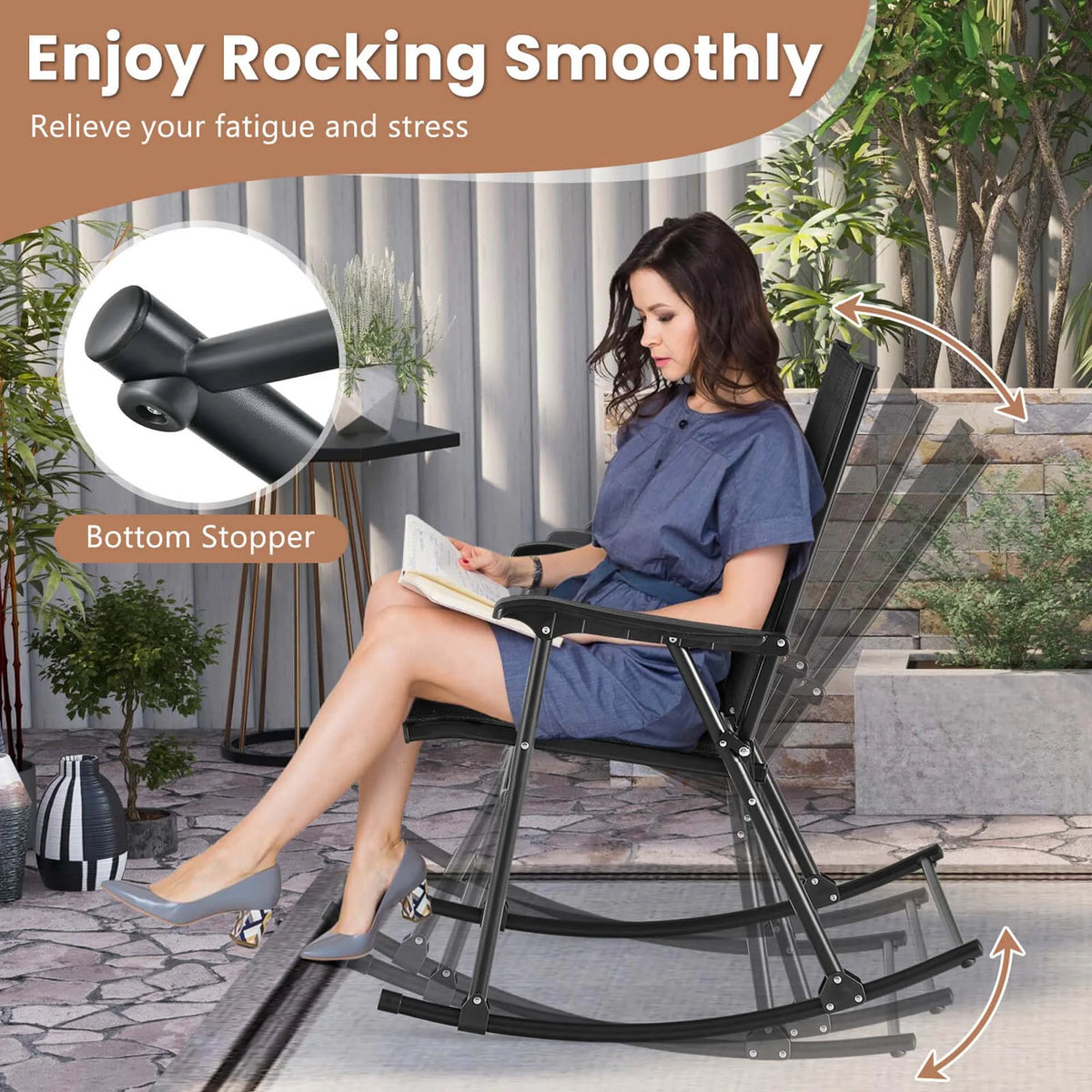 Costway 2pcs Patio Folding Rocking Chair Heavy-Duty Metal Frame Rockers Outdoor Brown
