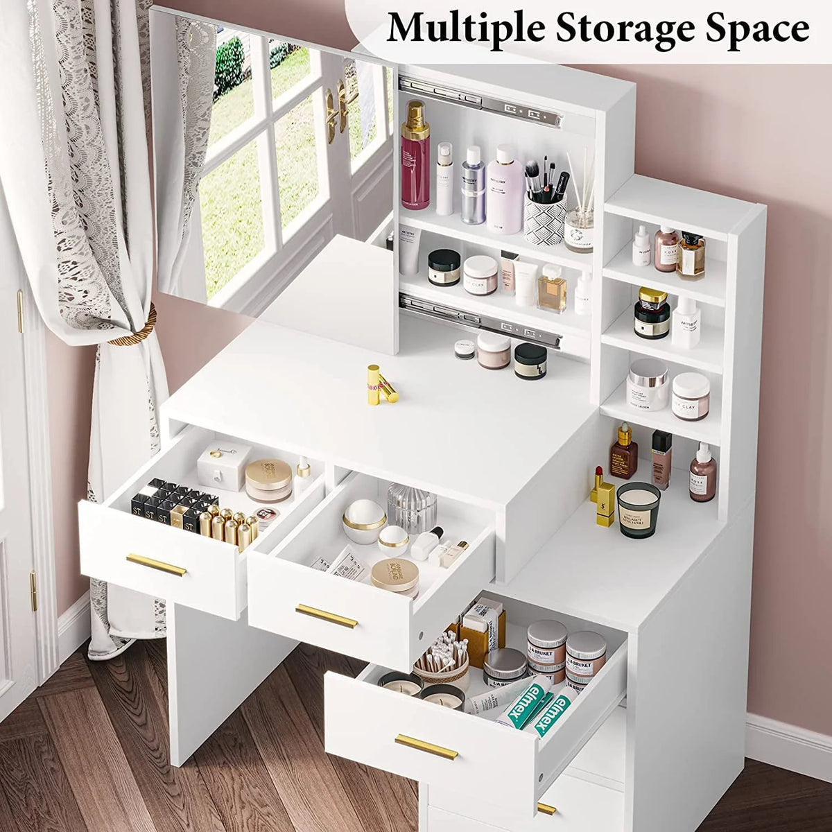 Makeup Vanity Table with Sliding Mirror,Vanity Desk with Hidden Storage Shelves and 5 Drawers,Modern Vanity Table with Mirror for Bedroom,White