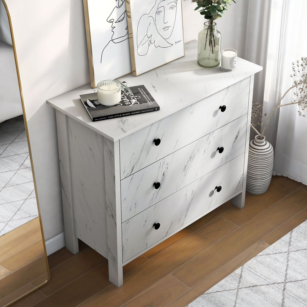 Furniture of America Tilde Adult Modern 3-Drawer Cabinet Vertical Dresser, Marble White