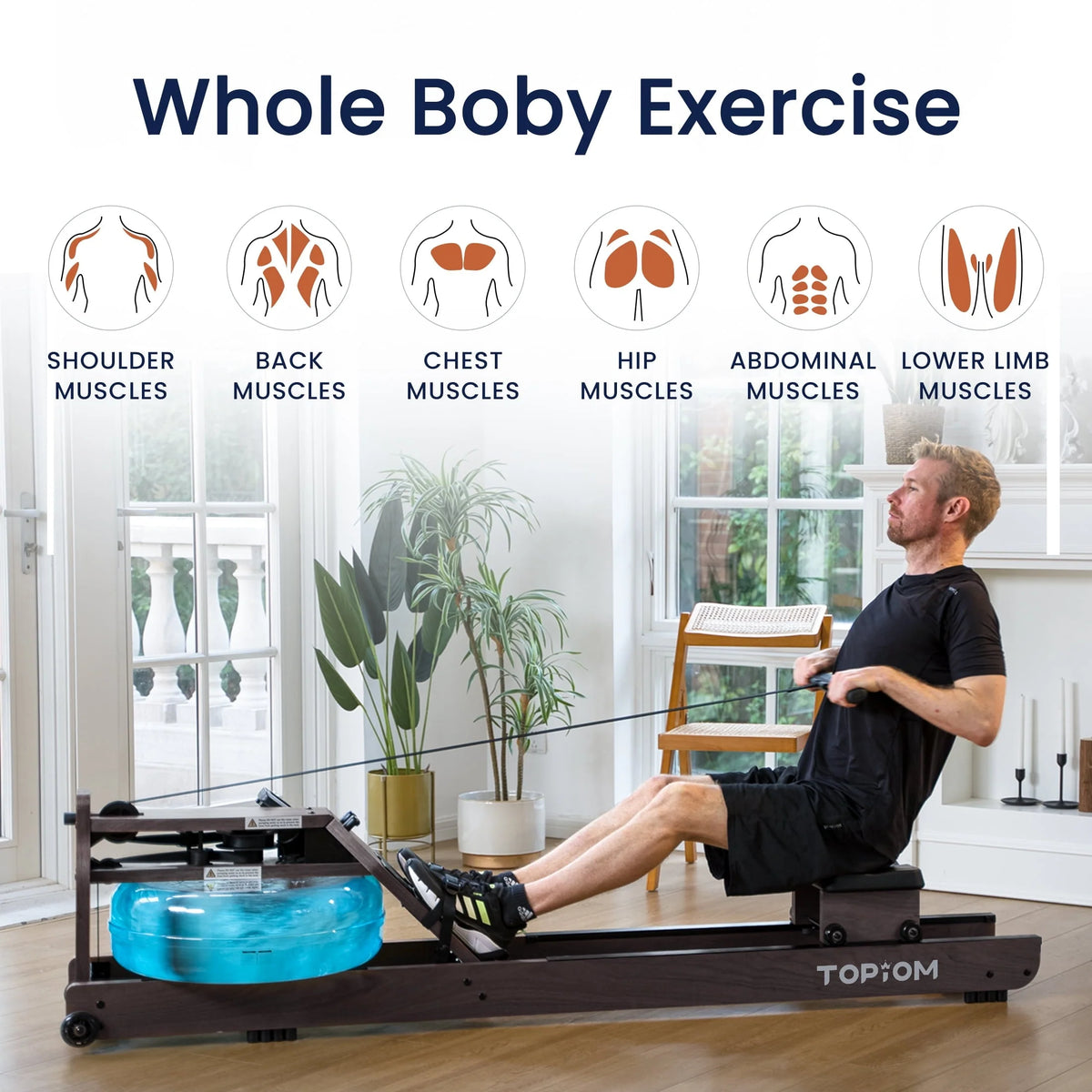 Topiom Water Rowing Machine with TM-3 Performance Monitor Bluetooth Connected 400 lbs Max Load
