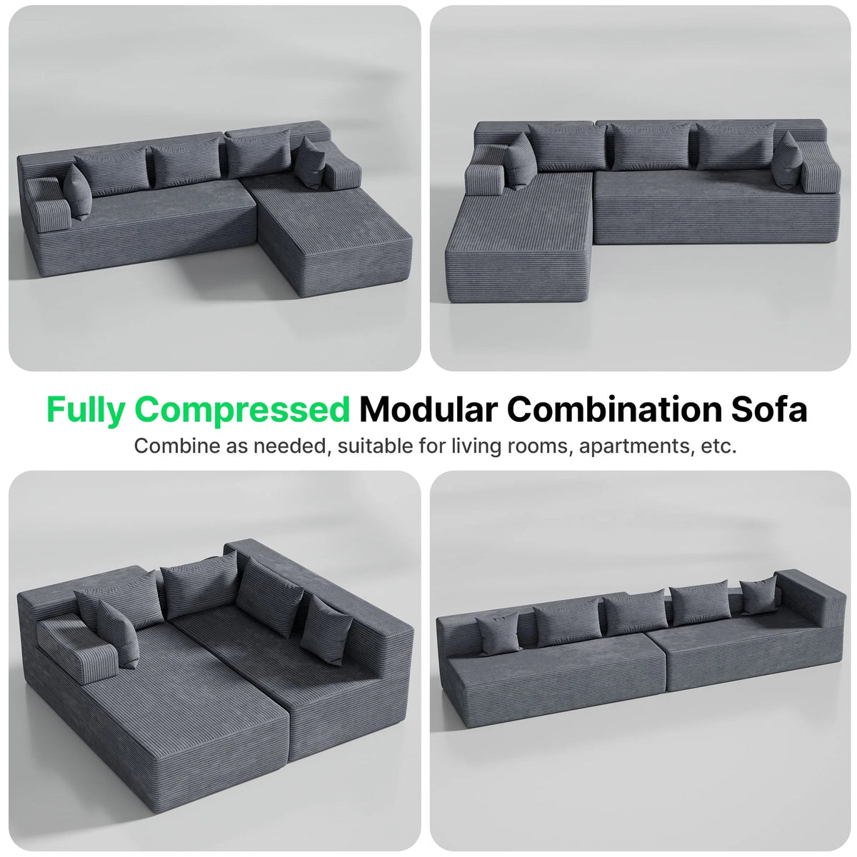 Behost 105" Modular Sectional Sofa for Living Room, Boneless L Shaped Cloud Couch with Chaise, Gray