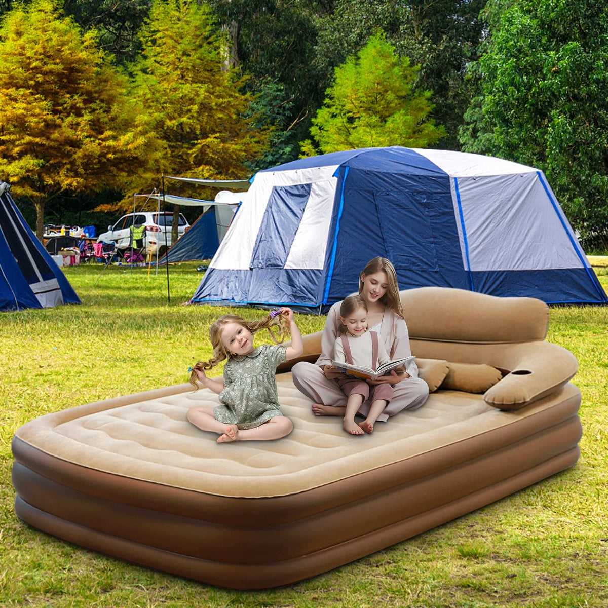 Liyufly 19in Queen Air Mattress, Inflatable Airbed with Pump for Guest Home Camping Travel, 661lb Max,Coffee