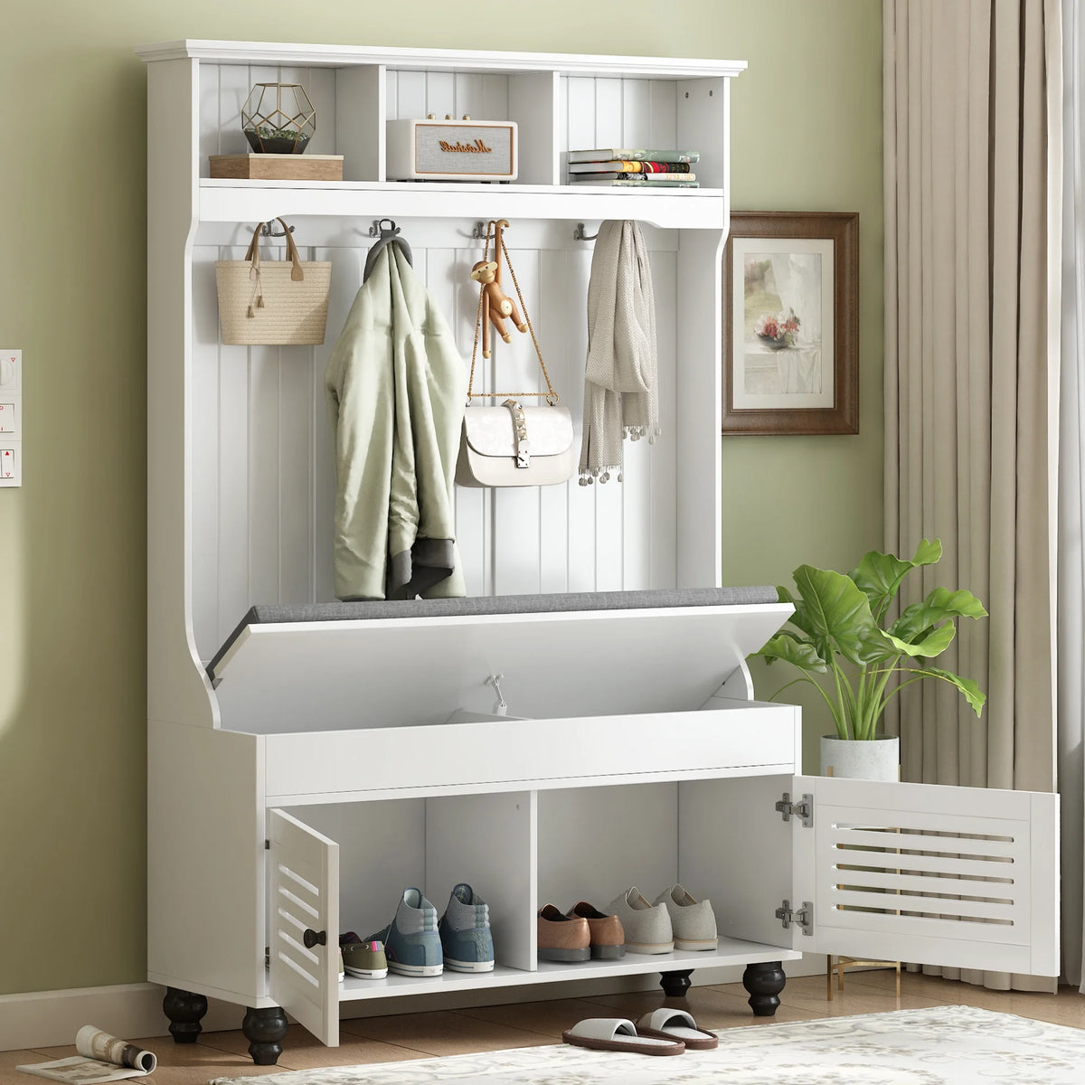 Royard Oaktree Hall Tree w/Bench, Cushion, and Shutter Cabinet Doors, Hallway Coat Rack with 4 Hooks