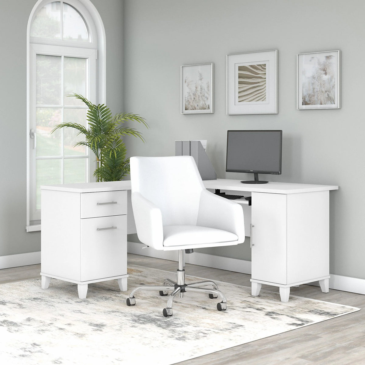 Bush Furniture Somerset 60 in L Desk and Chair Set with CPU Storage, Box Drawer and File Drawer in Ash Gray