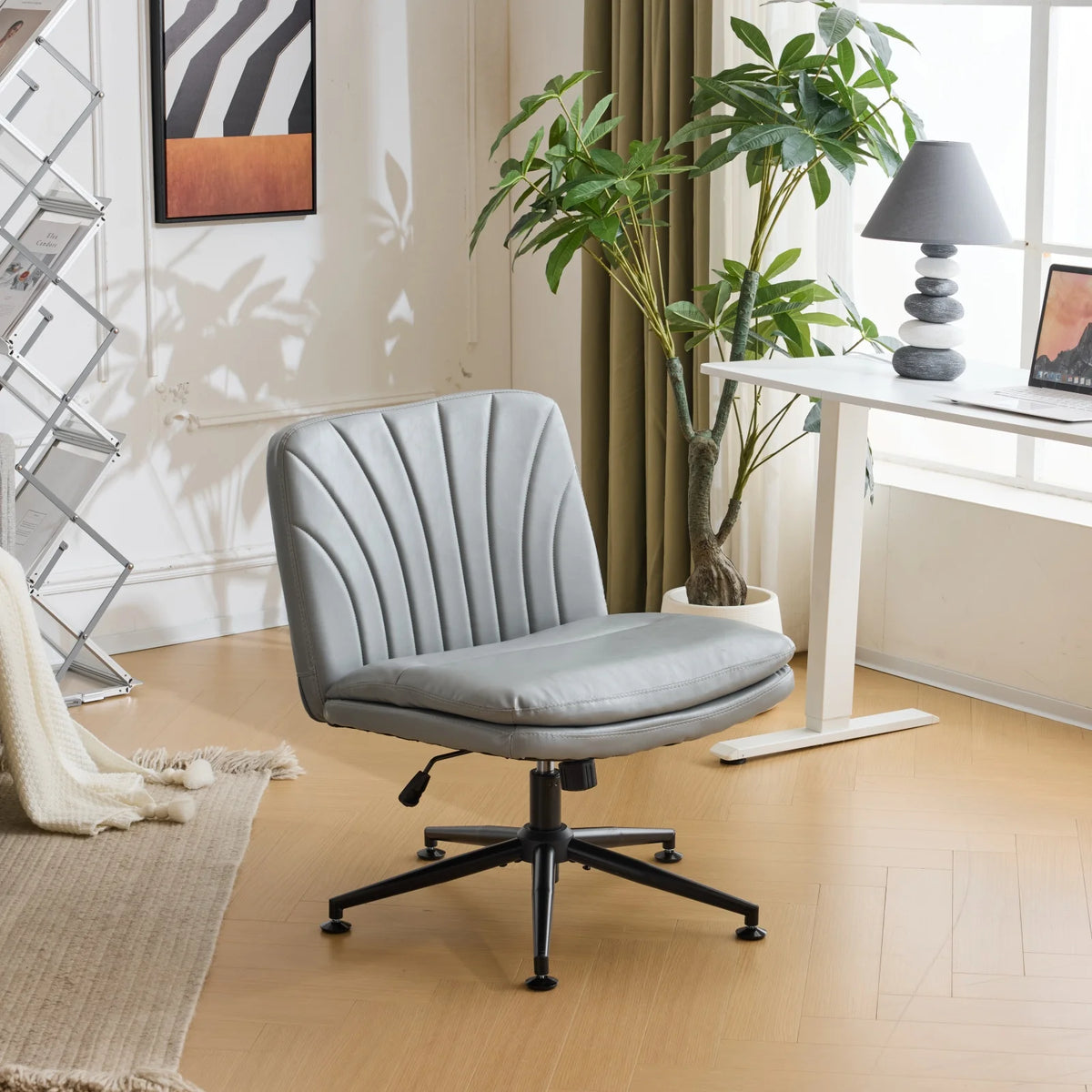 Ktaxon Armless Office Chair Swivel Study Chair Adjustable Desk Chair with Criss Cross Legs and Wheels for Conference and Home Faux Leather Gray