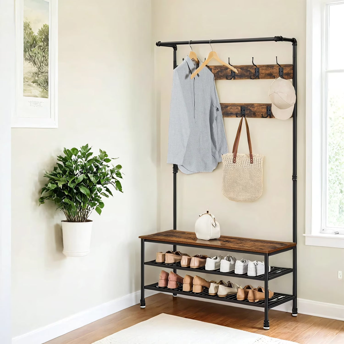 40"Entryway Coat Rack and Storage Bench Multifunctional 4-in-1  Hall Tree with 9 Hooks Sturdy Steel Frame