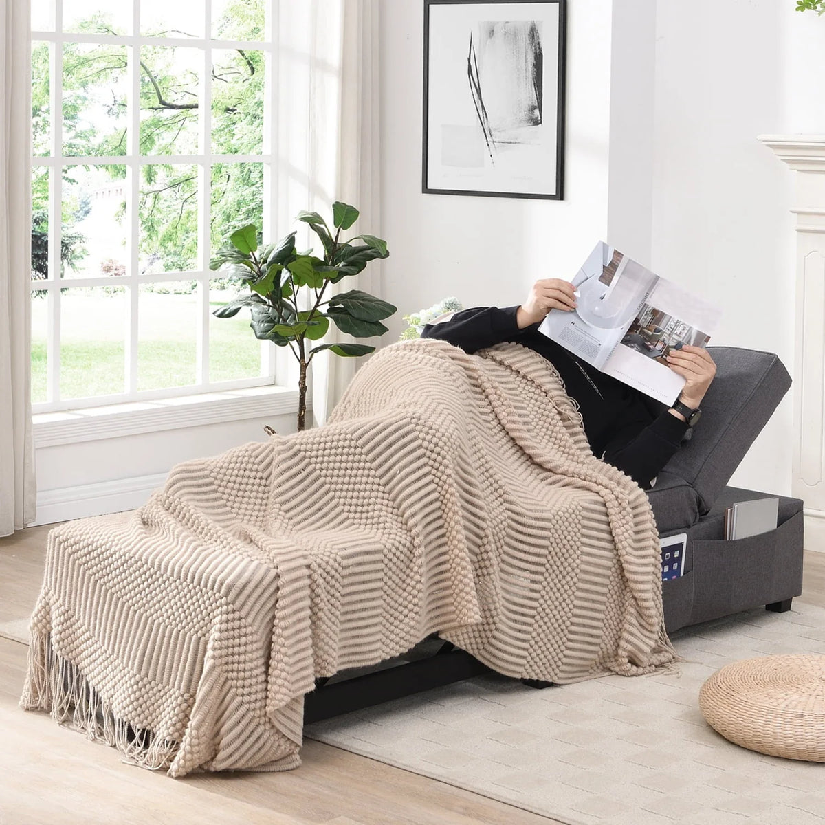 Cynefin Sleeper chair - ottoman bed, chair beds sleeper, 4 in 1 convertible chairs into beds with Lumbar Pillow 3 Side Pockets Linen Fabric Tufted for Living Room Grey