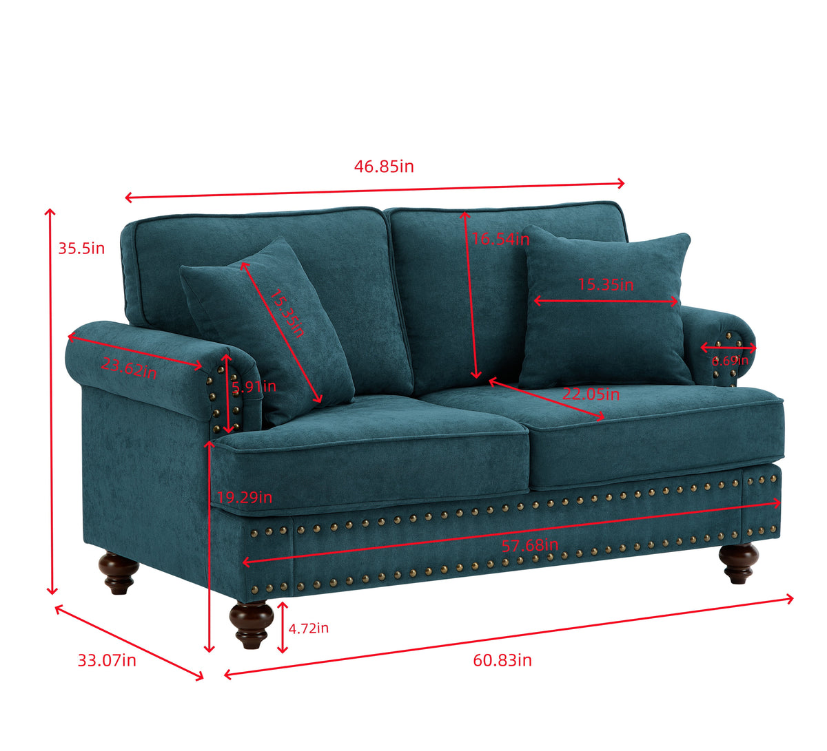 Modern Chenille Upholstered Sofa Couch with Nailhead Trim Rolled Arms Pillows