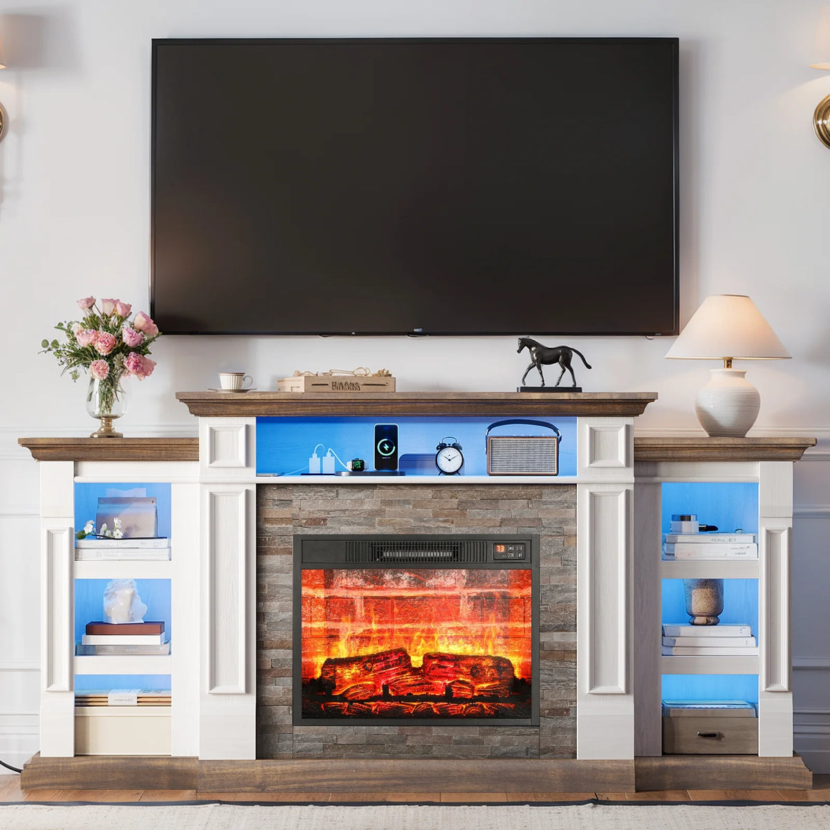 Holliwill 72" TV Stand for TVs up to 80" with Charging Station & LED Light, Electric Fireplace with Mantel, Entertainment Center with 23" Electric Heater, White Brown