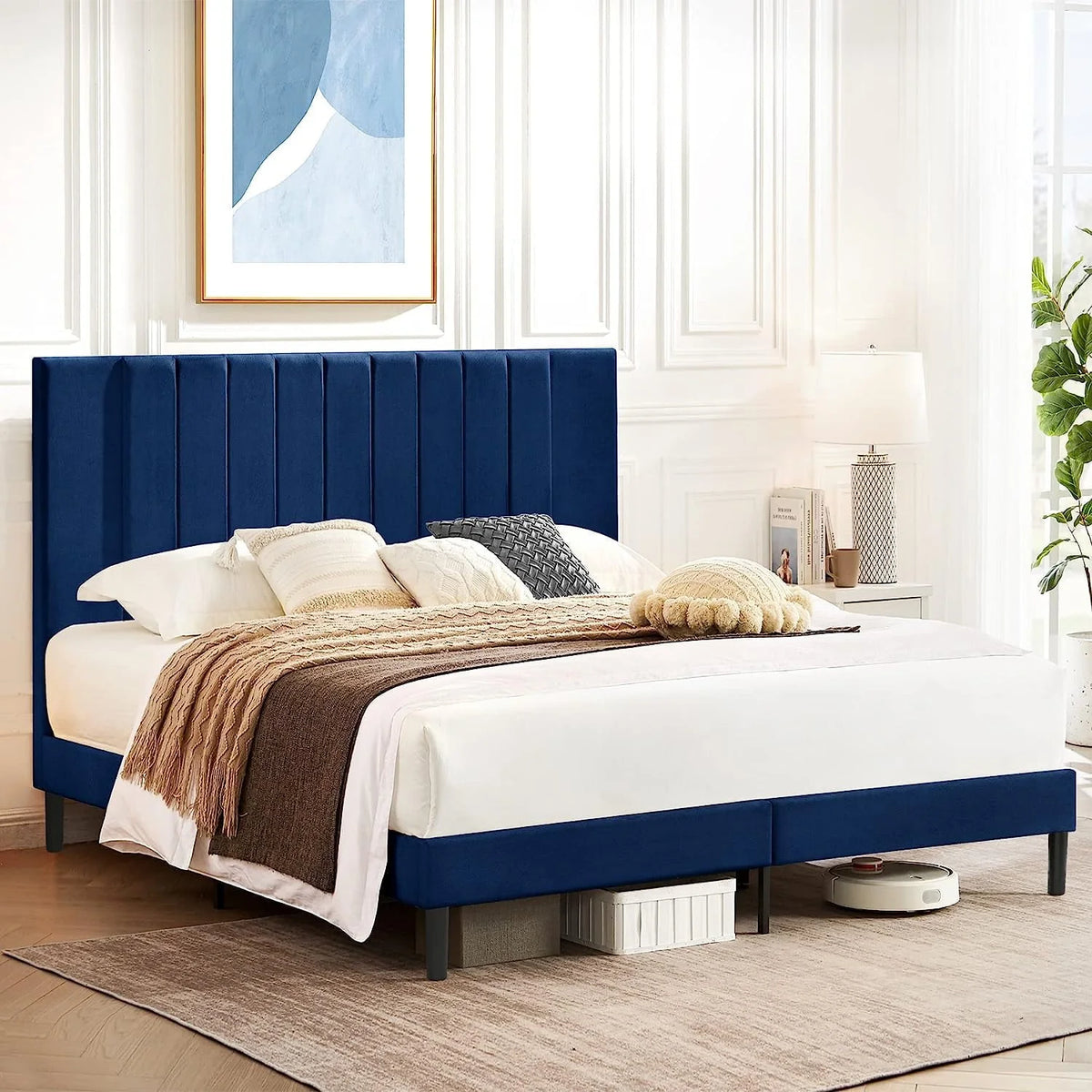 Flolinda King Bed Frame Upholstered Bed Frame with Vertical Channel Tufted Complete High Headboard, Blue