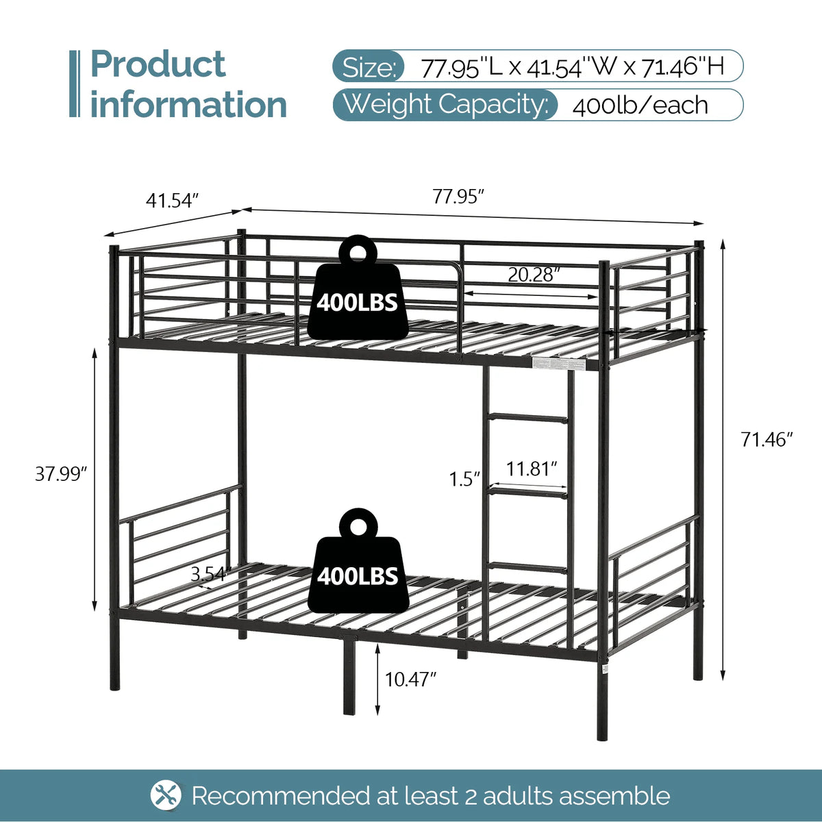 VINGLI Metal Bunk Bed Twin Over Twin with Flat Ladder and High Guardrail, Double Twin Bunk Beds for Kids/Teens/Adults, Bunk Bed with Stairs,Black
