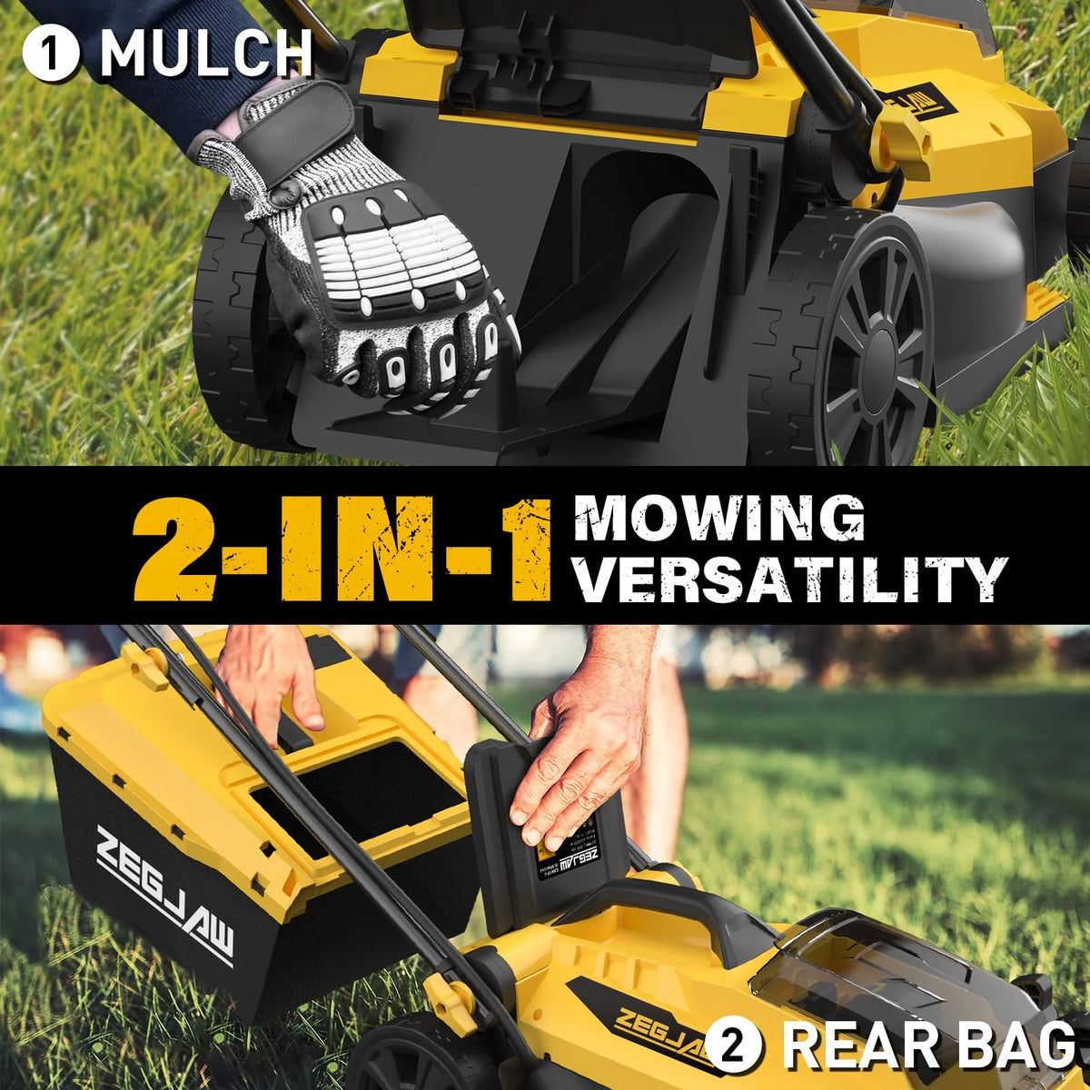 ZEGJAW Lawn Mower Cordless,13-Inch Electric Lawn Mower with 4.0Ah Battery and Charger, 2-in-1 Electric Mower with 5-Position Height Adjustment
